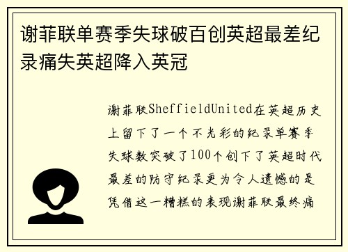 谢菲联单赛季失球破百创英超最差纪录痛失英超降入英冠