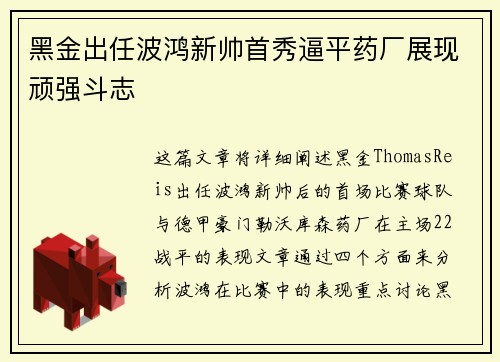 黑金出任波鸿新帅首秀逼平药厂展现顽强斗志