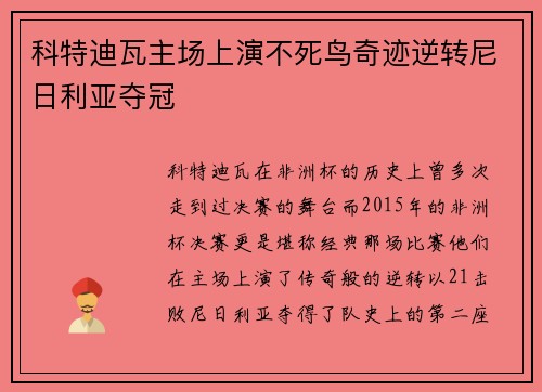 科特迪瓦主场上演不死鸟奇迹逆转尼日利亚夺冠